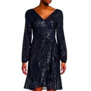 Nanette Lepore Navy Sequined Nanette Faux Wrap Midi Dress Balloon Sleeve Size 14